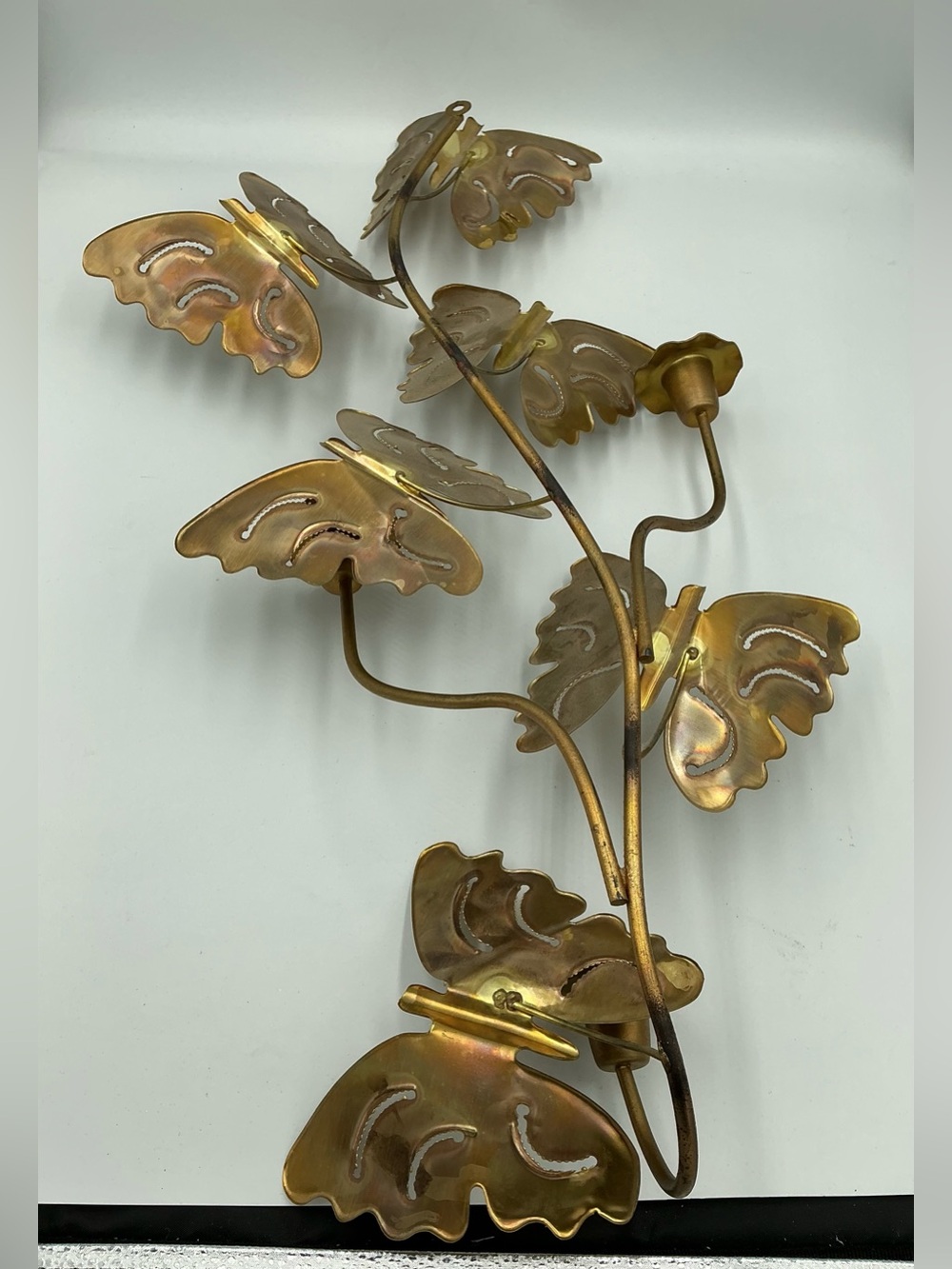 Vtg MCM Metal Art Brass Butterflies Wall Hanging 3 Candle Sconces 24” x 11” EUC - Picture 4 of 5